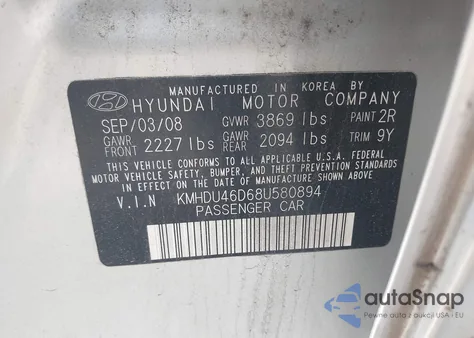 2008 Hyundai Elantra Gls/Se z USA, uszkodzony, nr VIN KMHDU46D68U580894